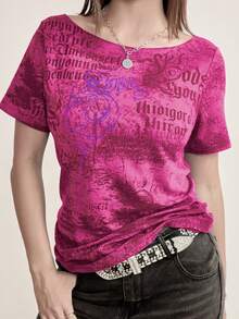 Cyber Y2K Women Fashion Street Goth Style Graphic Print Asymmetrical Asymmetrical Neck Slim Fit Short Sleeve T-Shirt - Hot Pink - View 3