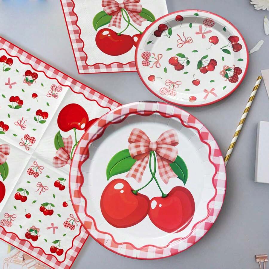 Bộ đồ ăn tiệc 12/24/48/72 chiếc, Bộ đồ ăn tiệc chủ đề anh đào đỏ, Bộ khăn giấy hình nơ quả anh đào Disco Ball, Bộ đồ ăn tiệc sinh nhật mùa xuân, tiệc ngoài trời, tiệc dã ngoại, khăn giấy ăn, đĩa đựng thức ăn 9 inch, đĩa đựng thức ăn 7 inch, đồ dùng trang trí tiệc ngày lễ lãng mạn, Ngày của mẹ, kỷ niệm ngày cưới - Nhiều màu - Xem 1