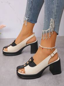 大码女式夏季时尚欧美风格压花米色后带粗跟凉鞋，舒适百搭高跟凉鞋，适合日常穿着、工作、派对 - 米色 - 查看 3