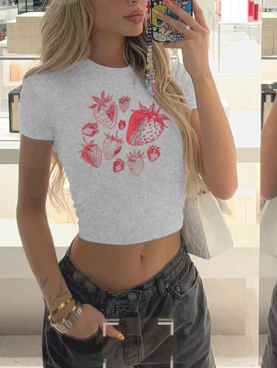 草莓印花图案女式圆领短袖修身短款 T 恤/T 恤 - 淺灰色 - 查看 1