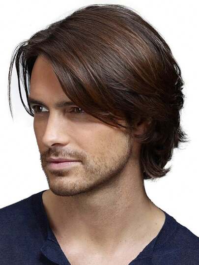 10 英寸男士时尚自然蓬松短直棕色合成纤维假发，带侧刘海，适合日常穿着、万圣节服装和派对