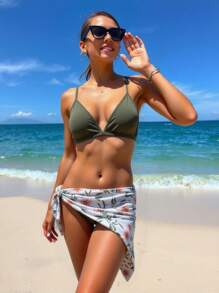 3pcs Set Women Floral Print Chiffon Dress & Bikini Set, Summer Beach Party Suit - Green - View 1