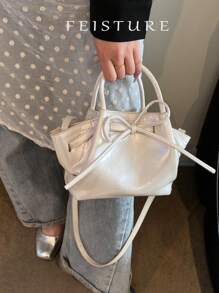1 pieza Bolso de mano tipo cesta pequeño, nuevo diseño de lazo y forma de empanadilla para mujer primavera-verano, con cierre magnético y correa para el hombro larga, adecuado para niñas, damas, estudiantes universitarias y trabajadoras de oficina, excelente para el trabajo, los negocios, ir y venir del colegio