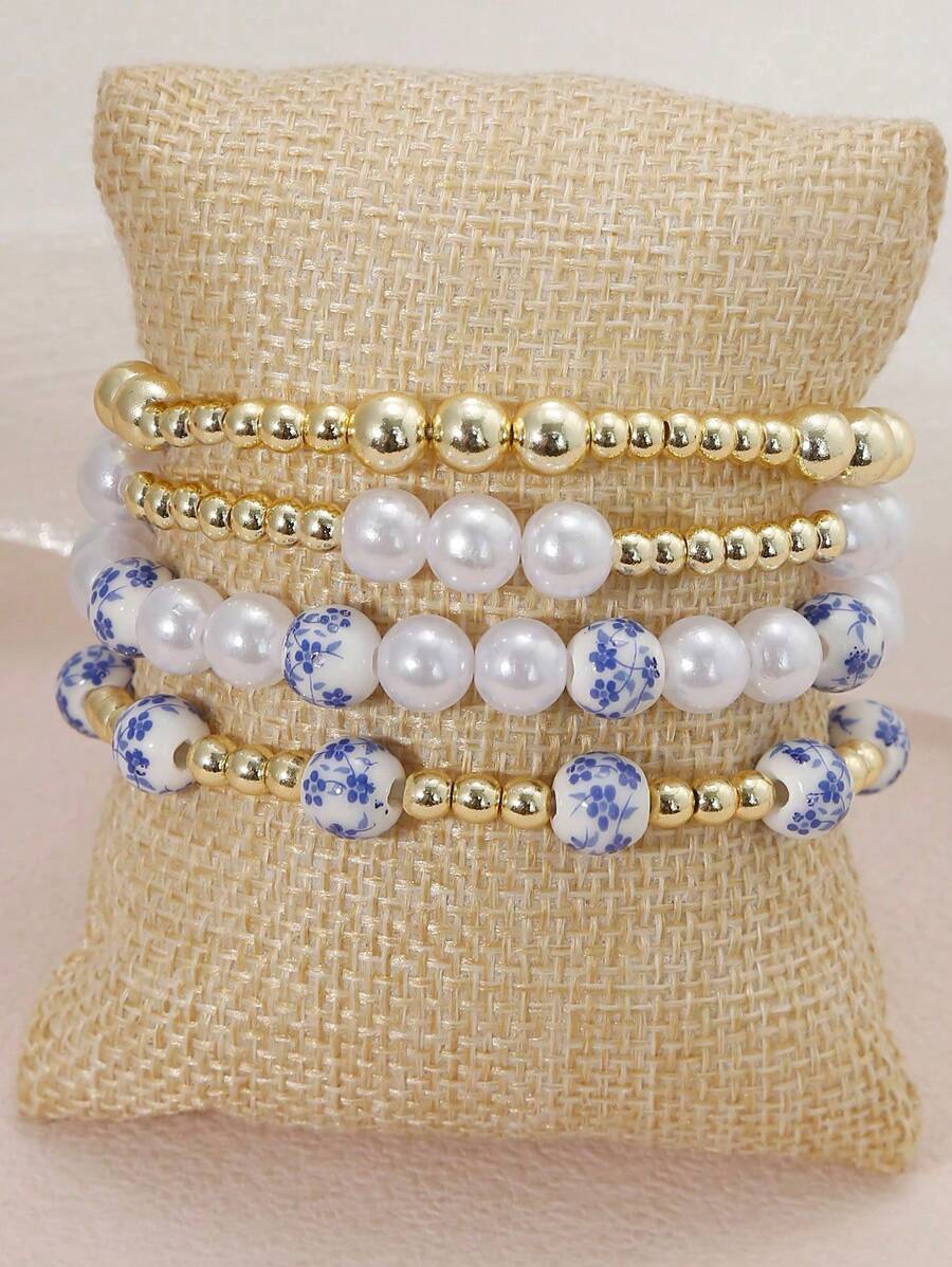 4pcs/Set Fashionable And Elegant Blue And White Porcelain Faux Pearl Beaded Golden Beaded Bracelets For Women Stackable 14K Gold Plated Stretch Bead Ball Bracelet Jewelry Set Chinese Style Bracelet Gifts For Woman Teen Girls Valentines Day Summer Jewelry,Mom,Mother,Mother's Day,Gift - Nhiều màu - Xem 1