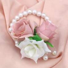 1pc Brooch + 1pc Wrist Corsage Set, Pink & White Rose Beaded Decoration Brooch For Groom, Bride, Parents, Bridesmaids, Wedding, Party, Prom, Daily Wear