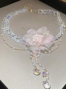 Set de 2 piezas de aretes y collar con flor de malla rosa de aguja plateada y borla de perlas falsas, diseño dulce y Charm elegante para San Valentín