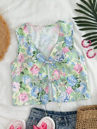 女士休闲 V 领前开蝴蝶结无袖背心，度假风格，春夏