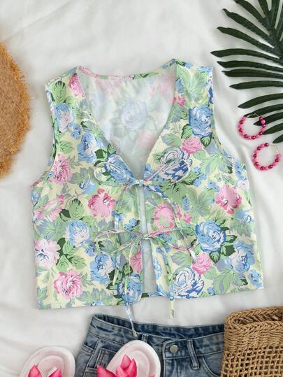 Damen lässige ärmellose Strickweste mit V-Ausschnitt, Schleife vorne, Urlaubsmode, Frühling/Sommer