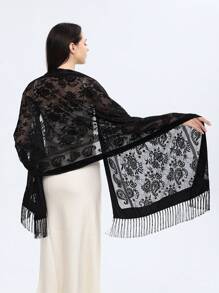 1pc Women's Knit Solid Color Paisley Floral Handmade Floral Lace Fringe Scarf, Fashion Soft Warm Shawl Wrap For Party, Versatile All Season - Lace Cashew - View 2