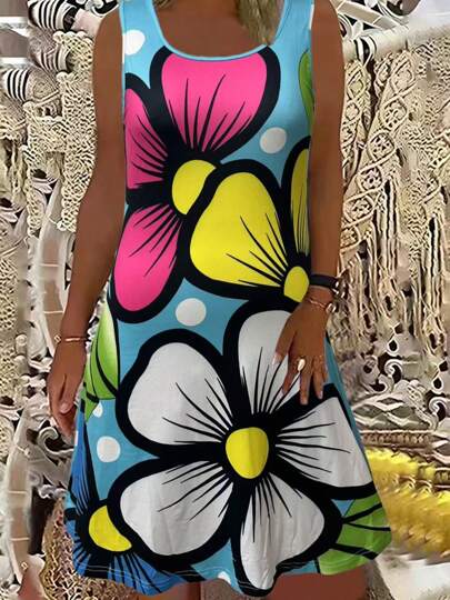 Plus Size Floral Print Casual Holiday Summer Tank Dress