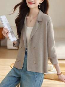女士优雅休闲针织西装外套，韩版宽松针织开衫，高品质针织开衫外套，街头时尚 - 卡其色 - 查看 5