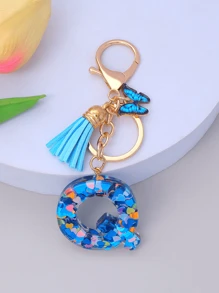 1pc Women's Initial Letter Black Butterfly Glitter Crystal Resin Epoxy Keychain With Butterfly Tassel Decor