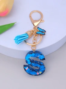1pc Women's Initial Letter Black Butterfly Glitter Crystal Resin Epoxy Keychain With Butterfly Tassel Decor