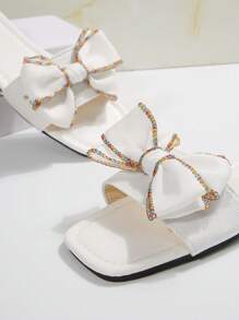 Women French Style Flat Sandals, Bow Decor, Elegant & Versatile For Daily Outing, Party Etc. - White - View 7