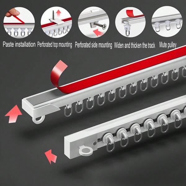 Carril multiusos de 4 en 1 Nano Silent, con soportes de instalación superior/lateral de doble cara, se puede instalar sin taladrar con adhesivo o con instalación atornillada, infinitamente extensible y recortable, aplicable para cortinas, visillos, cortinas de ducha, divisores de ambientes, armarios, roperos, accesorios de baño