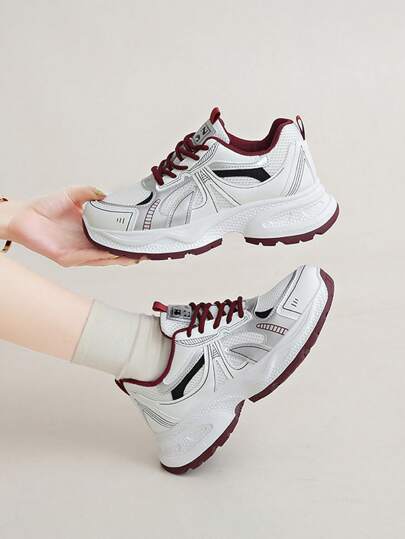 Women's White Casual Sneakers, Thick Sole Chunky Sneakers, Mesh Breathable, Printed Lace-Up, Petite Height Increase, Suitable For Daily Casual Wear, Travel, Shopping, Fashion Versatile