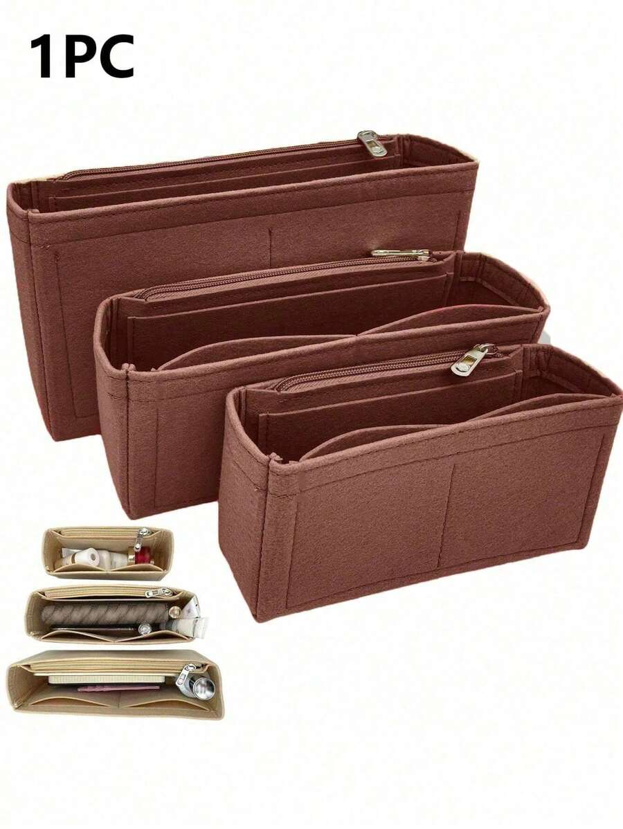Multi-Pocket Organizer Insert Bag, Felt Insert Purse Organizer With Zipper,Felt Cloth Zipper Cosmetic Storage Bag, Lightweight Portable Inner Travel Storage Bag, Bag Insert Organizer With Multi-Pockets, Small Handbag Tote Shaper Insert For Shoulder Bag, Bag-In-Bag Organizer - Brown - View 1