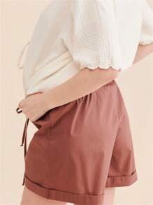 Maternity Shorts For Women Rolled Hem Drawstring Elastic Underbelly Shorts Summer Casual Shorts Pregnancy Clothes - Rust Brown - View 3