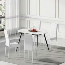 Extendable Dining Table And Chairs Set 4, 120-160cm Oval Concrete Effect With Upholstered PU Leather Chairs For Dining Room, Kitchen (Marble Effect Table + Pu White Chairs, Set Of 4) - 4 White Horizontal Chairs - View 9