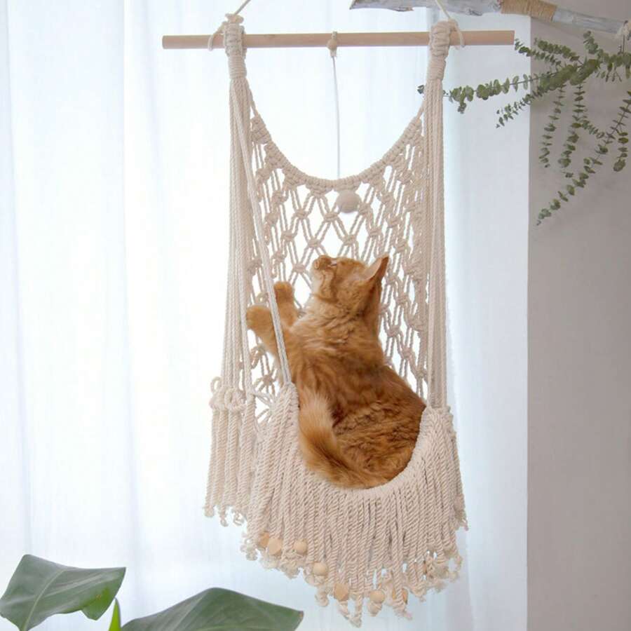 1 件 Macrame 猫吊床，波西米亚风格吊床，手工编织流苏壁挂挂毯，适合所有季节的猫秋千，不包括垫子