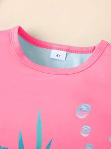 Set de 2 piezas de camiseta de manga corta y shorts de verano con estampado 3D de tortugas para niñas, informal y lindo - Rosa - Ver 3