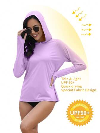 女式 UPF 50+ 防紫外线连帽长袖衬衫，带拇指孔，轻便，适合户外运动、跑步、锻炼、徒步旅行、钓鱼