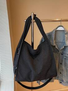 华夫格子图案大容量休闲风格女士单肩包，休闲学院风单肩斜挎包 - 黑色 - 查看 12