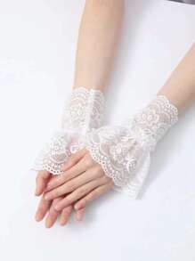 5/3/1 双女士蕾丝花镂空袖口、假袖装饰、腕套、露指手套、新娘手套、派对礼服配饰 - 白色 - 查看 14