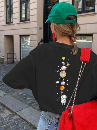 Planet Print Ladies Casual Overside Round Neck Short Sleeve Summer Tops,Chinese New Year, Lunar New Year, Year Of The Year Of The Horse, Spring Festival,Happy New Year , Valentine's Day, Valentine's Gift, Valentine's Day Gift For Her, Valentine's Present