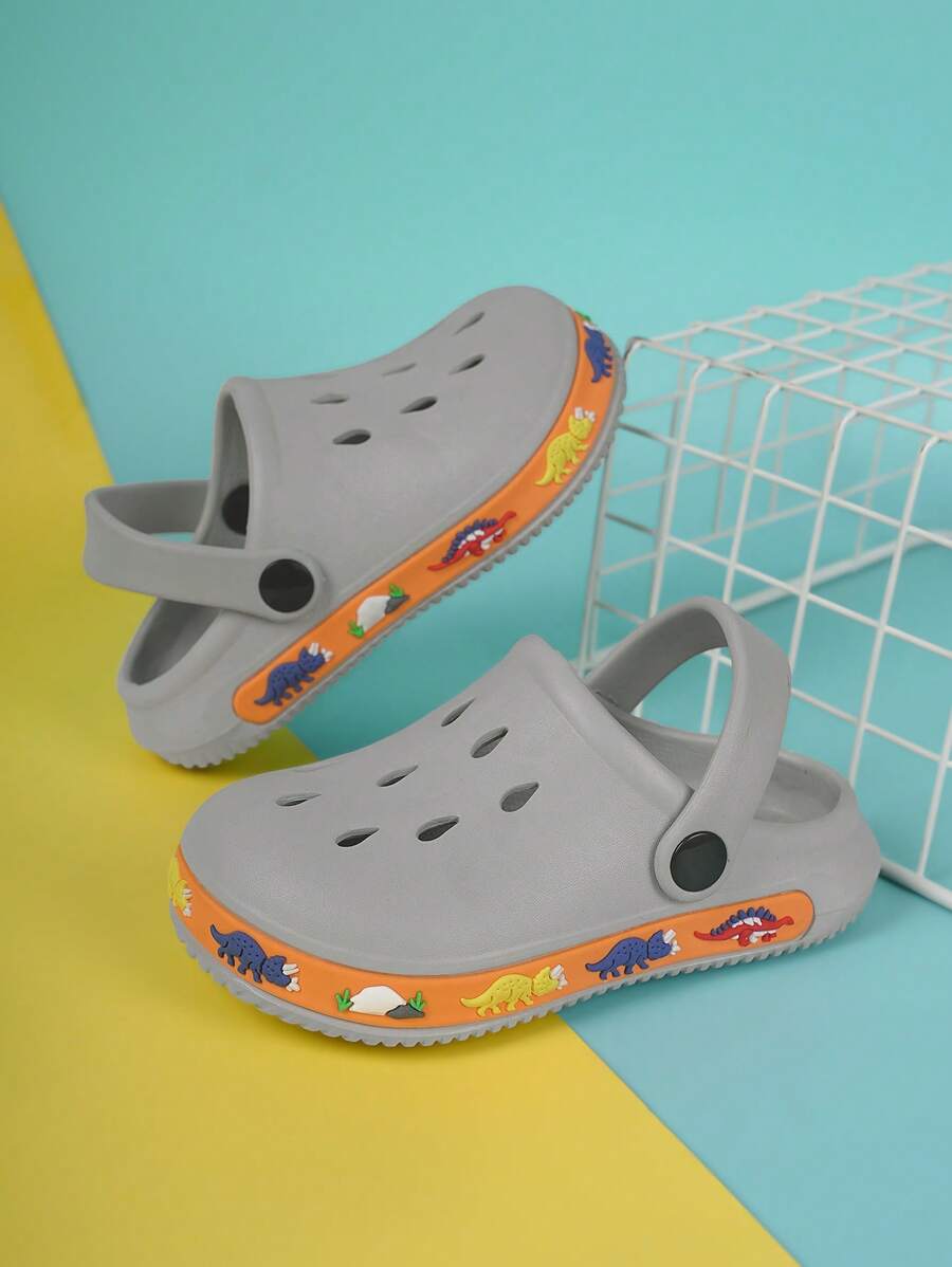 1 Pair Baby Boys' Cute Dinosaur Cartoon Beach Sandals, Comfortable Casual Lightweight Slip-On Breathable Slippers, Spring/Summer - Grey - View 1