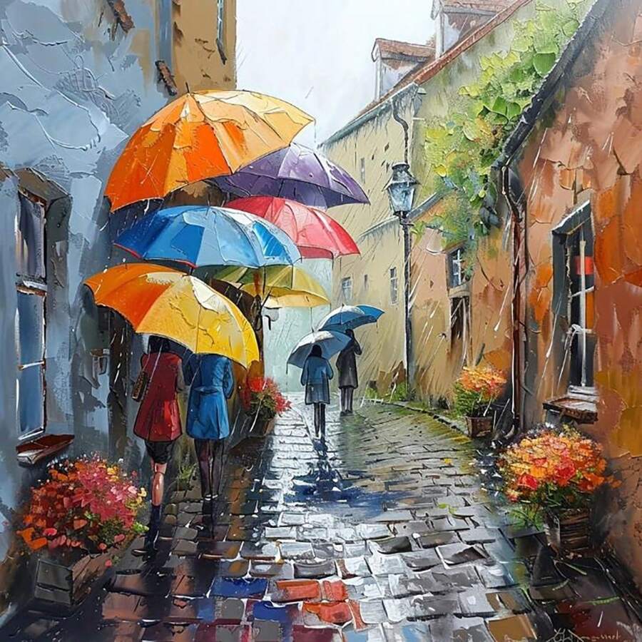 1 件大尺寸 40x40cm/15.7x15.7 英寸（无框）DIY 5D 钻石艺术画雨街，全水钻画，钻石艺术刺绣套件，手工制作的家居房间办公室墙壁装饰 - 彩色 - 查看 1