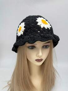 1pc Y2K Style Handmade Floral Crochet Fisherman Hat For Women, Colorful Hollow Knitted Fisherman Hat Suitable For Casual, Vacation, Boho Street Style (Random Patchwork) - Pure Color Streaky - View 2