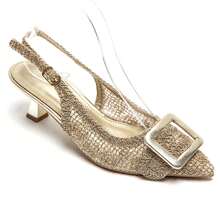 Escarpins Slingback Mesh Argenté à Boucle Carrée, Talon Bas Carré - Gold - View 5