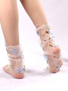 New Lace Mesh Mid-Calf Socks, Sweet Floral Net Fashionable Stack Socks For Women, Casual Summer