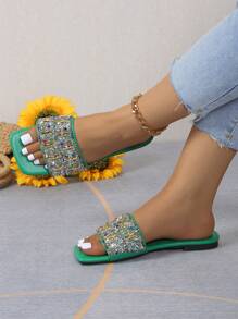 Women's Strap Crystal Embellished Slip-On Flat Sandals - Green - View 4