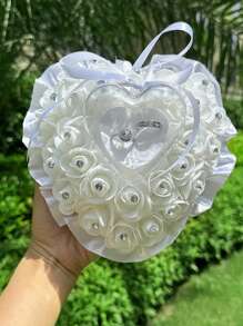 1 件装白色结婚戒指托枕头心形蕾丝玫瑰花水钻珍珠水晶盒适用于婚礼 - 彩色 - 查看 7