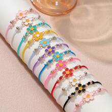 Set de 12 piezas de brazaletes de amistad ajustables y personalizados con flores de 5 pétalos de aleación, de colores variados, perfecto para volver al colegio - 12 flores - Ver 3