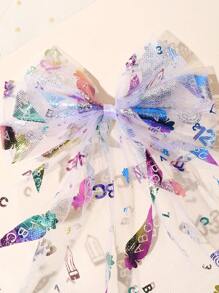 1 件女孩薄纱蝴蝶结发夹 - 可爱彩色铅笔和字母印花设计，带有超大飘逸尾巴，闪亮儿童发夹，学校季节发饰，派对趣味礼物，开学第一天