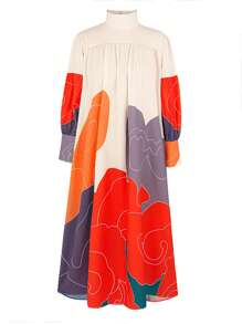 Print Maxi Dress Women Fall Spring Puff Sleeves Elegant Casual Outfits - Multicolor - View 4
