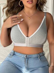 Plus Size Solid Color Front Button Closure Simple Casual Wireless Lingerie Bralette - Grey - View 6