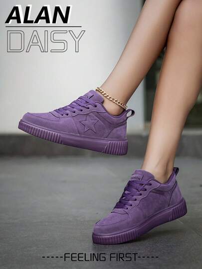女士时尚紫色混合百搭休闲日常户外通勤运动鞋，简约设计系带舒适运动鞋