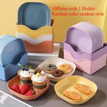 10pcs Square Serving Plates With 1 Stand, Portable Food Dish Set, Suitable For Snacks And Breakfast, Plastic, Essential Kitchen Tool. Mess Plates, Bone Dishes, Home Bone Plates, Bone Dishes, Small Snack Plates, Creative Plastic Dishes With Pedestal.