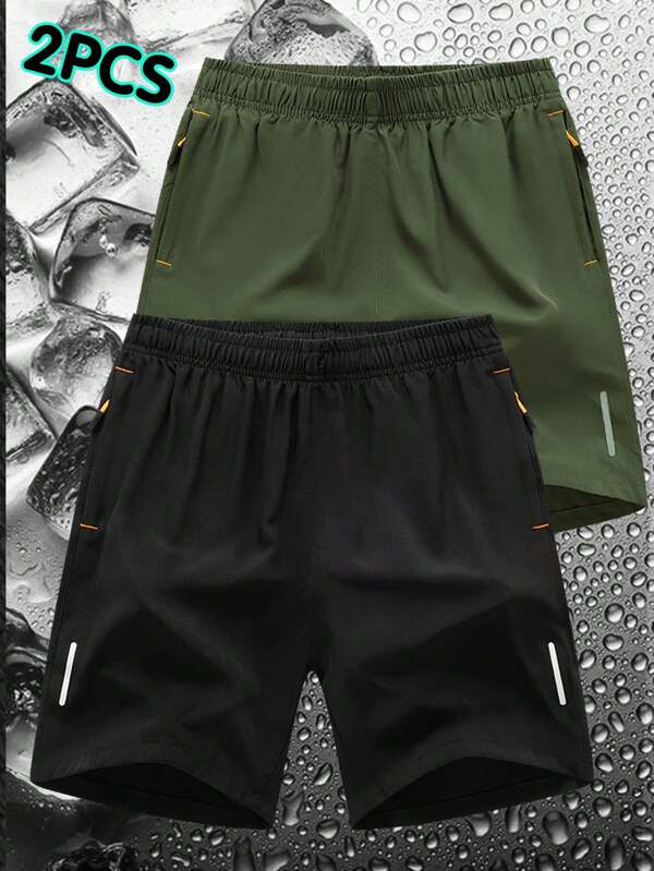 2pcs Men's Shorts Set, Summer Sports Elastic Waist Beach Shorts & Quick-Drying Casual Shorts With Back Pocket