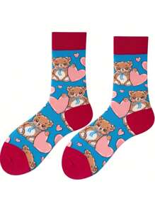 1 Pair Of Blue Cartoon Bear & Heart Socks Pink Cuff,Cute Bear Illustration With Heart Design, Casual Socks - Multicolor - View 3