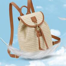 Travel Knotted Drawstring Woven Large Capacity Beach Backpack With Lining, Perfectly Matching With Backpack Accessories, Back To School Essentials - Brown - View 10