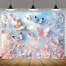 1pc Polyester Butterfly & Pink Flower Wall Backdrop, Dreamlike Photography Background, Electricity-Free, Easy To Hang, Suitable For Indoor And Outdoor Decor