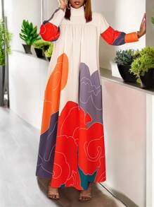 Print Maxi Dress Women Fall Spring Puff Sleeves Elegant Casual Outfits - Multicolor - View 3