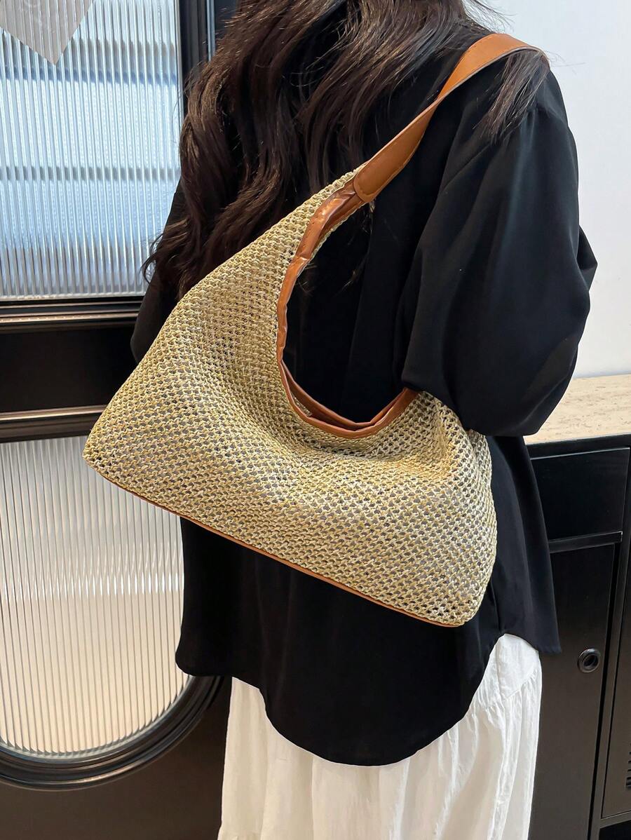 Bolso de hombro de mujer tejido de paja de moda