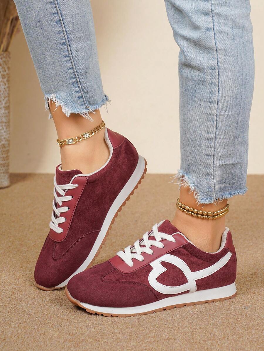 女士休闲运动鞋 - 舒适透气轻便设计 - 时尚色块 - 圆头系带 - 稳固平底 - 休闲日常穿着运动鞋 - 运动街头风格 - 适合年轻女性/校园生活/所有季节 - 优质合成皮革和橡胶鞋底材料 - 活力十足的路跑鞋 - 紅色 - 查看 1