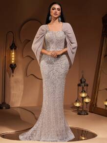 新款时尚高端优雅奢华亮片蕾丝拼接雪纺披肩袖女士美人鱼尾长裙，正式晚礼服，适合宴会、派对、红毯、婚礼宾客、情人节等场合。 - 杏色 - 查看 5